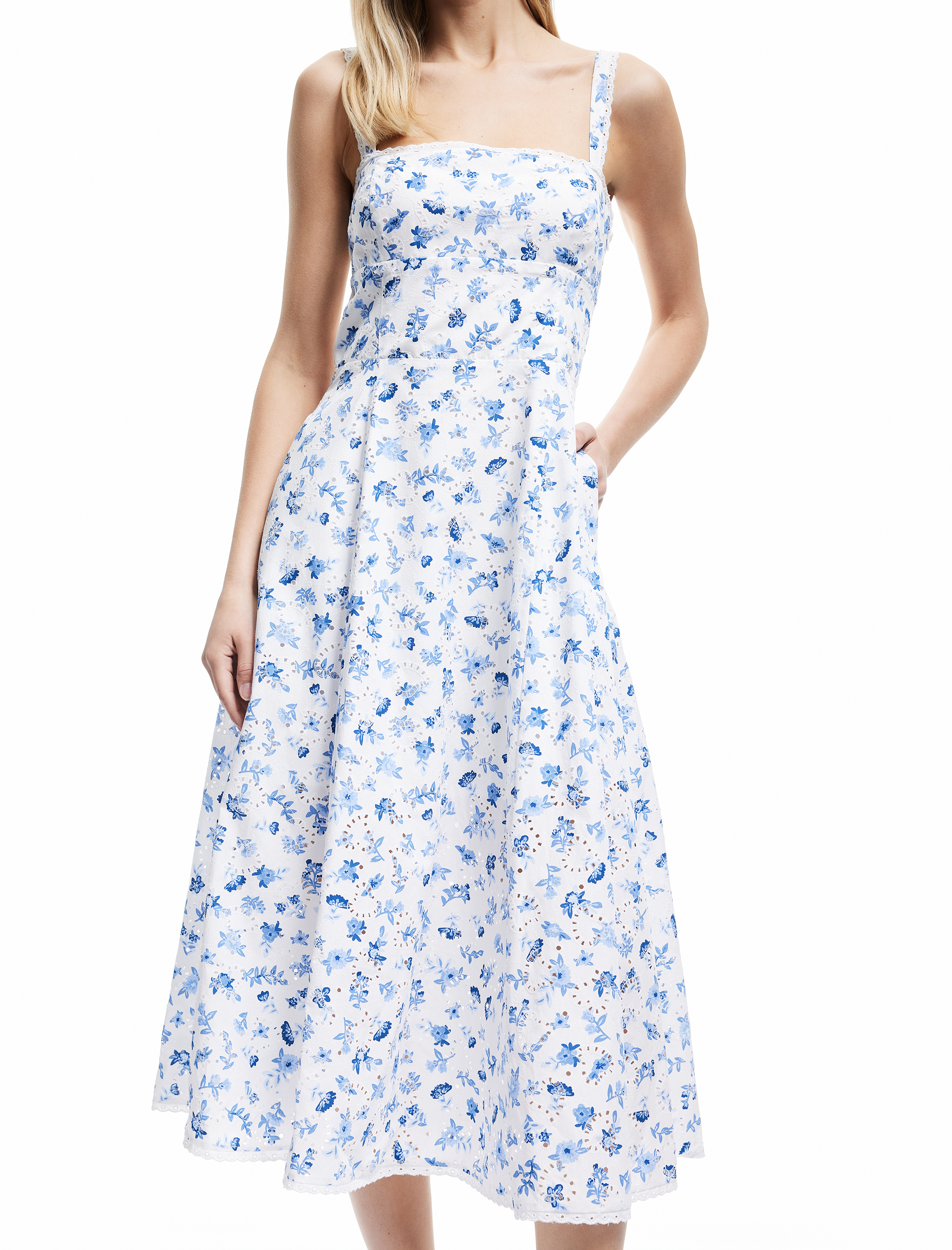   Pamuklu Kare Yaka A Kesim Midi Boy Çiçekli Askılı Elbise