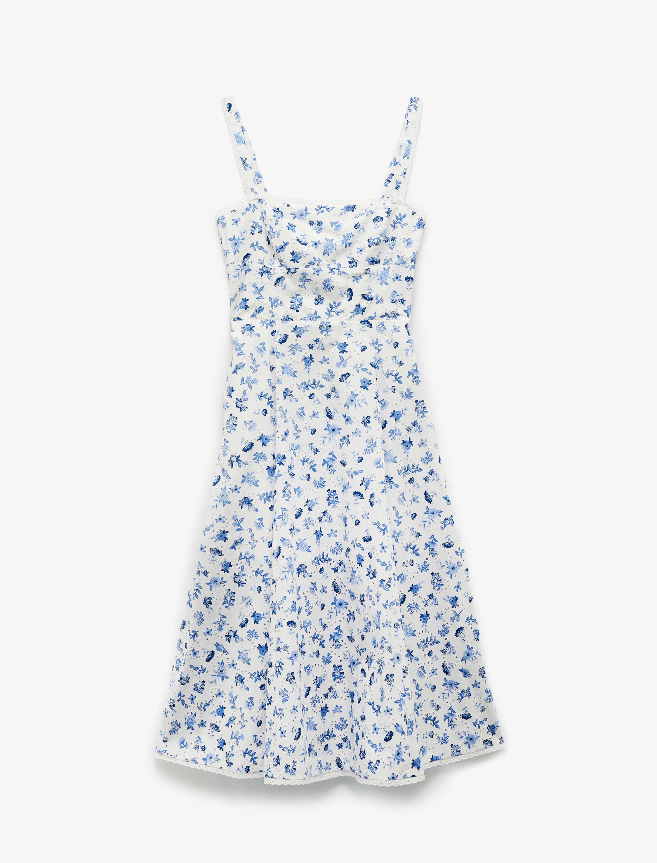   Pamuklu Kare Yaka A Kesim Midi Boy Çiçekli Askılı Elbise