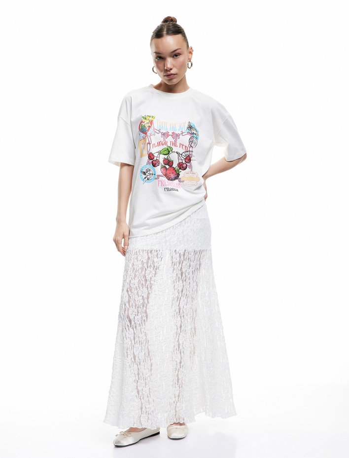  Pamuklu Kısa Kollu Bisiklet Yaka Meyve Baskılı Oversize Tişört