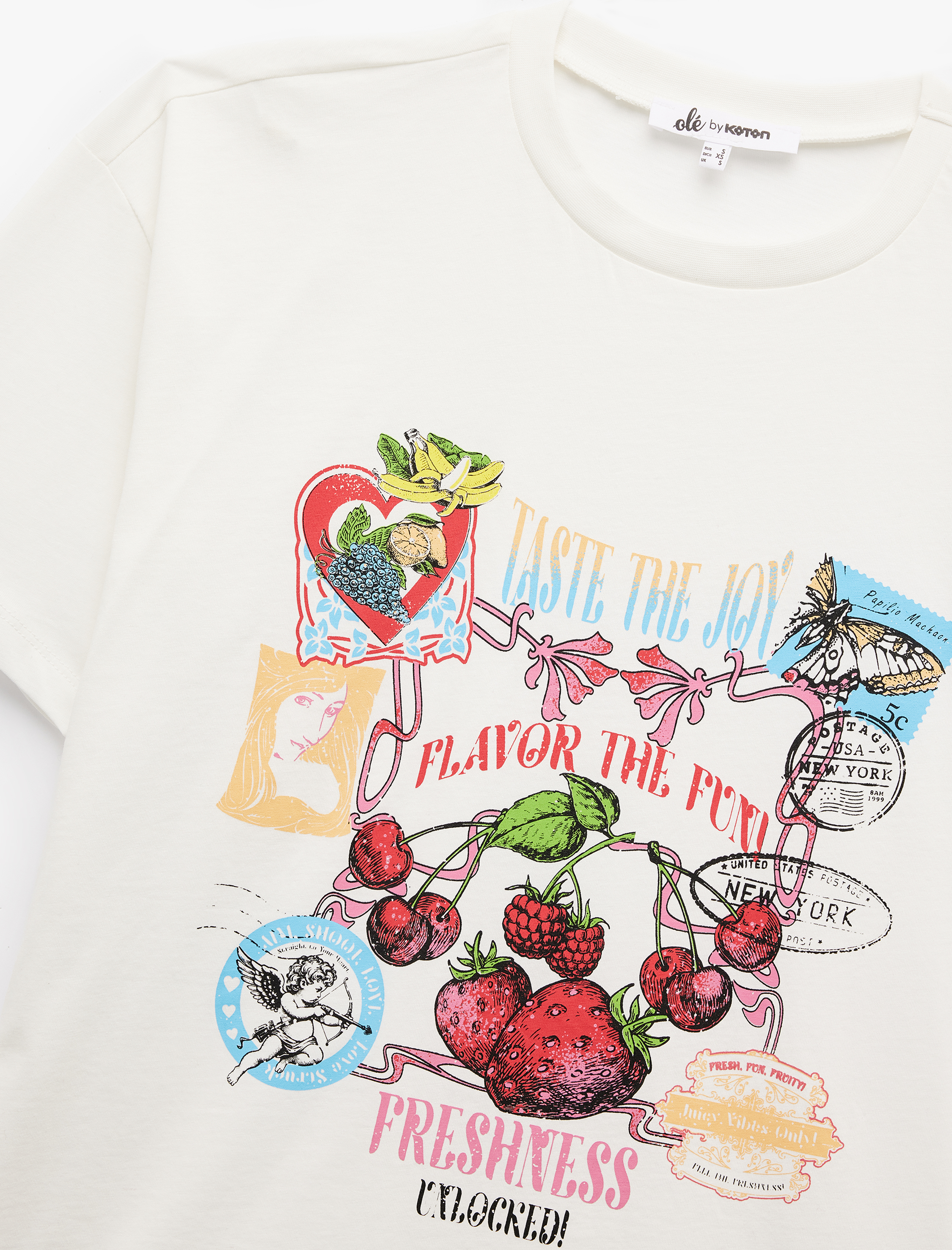   Pamuklu Kısa Kollu Bisiklet Yaka Meyve Baskılı Oversize Tişört