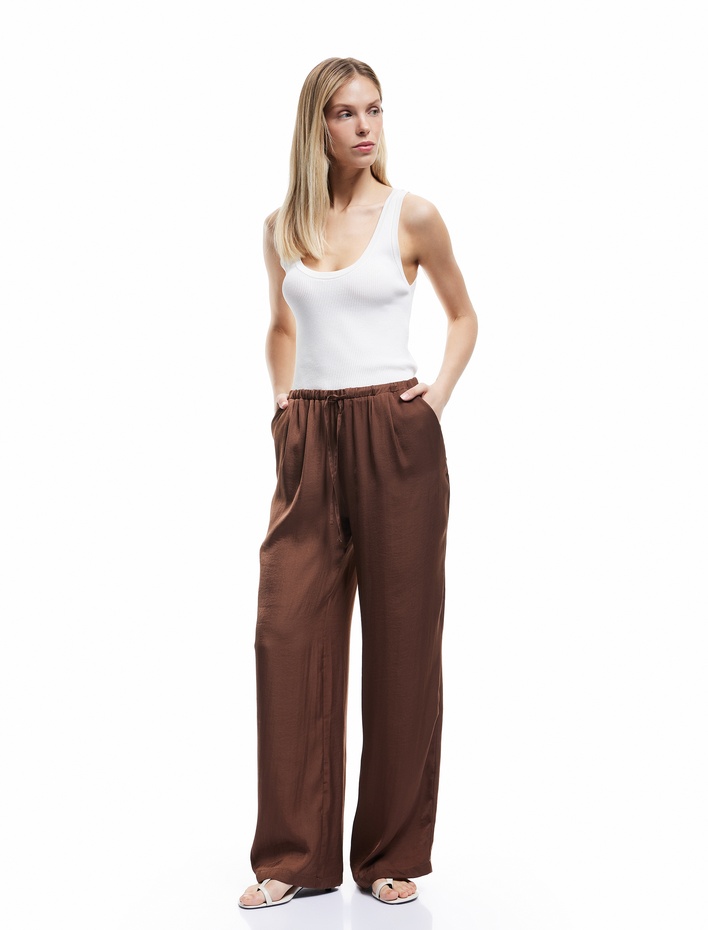  Aerobin Kumaş Beli Lastikli Bağlamalı Cepli Geniş Paça Saten Pantolon