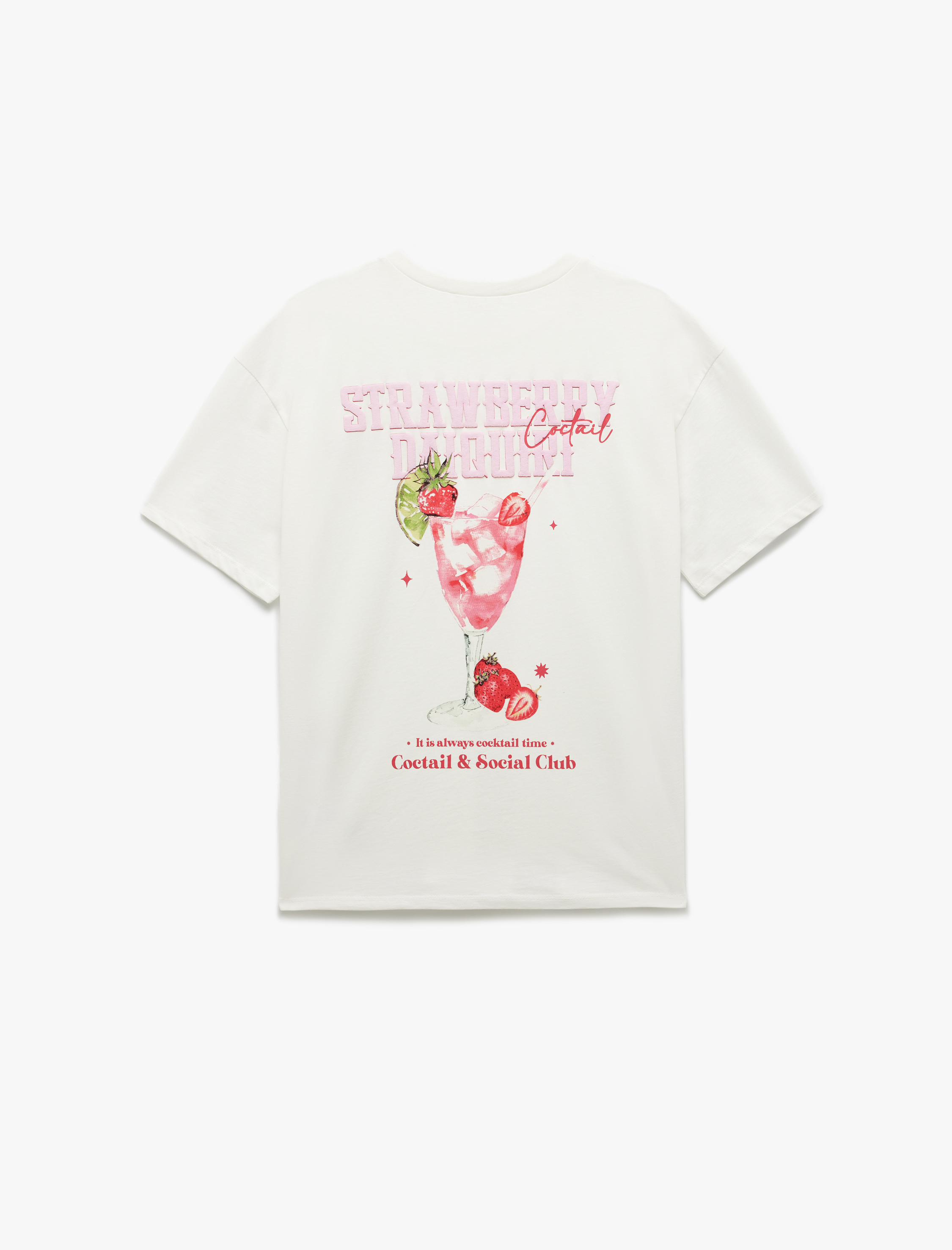   Kısa Kollu Bisiklet Yaka Pamuklu Arkası Çilek Baskılı Oversize Tişört