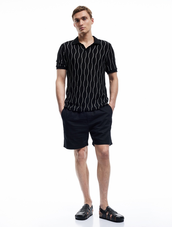  Cep Detaylı Bermuda Beli Bağcıklı Pamuk Keten Karışımlı Şort