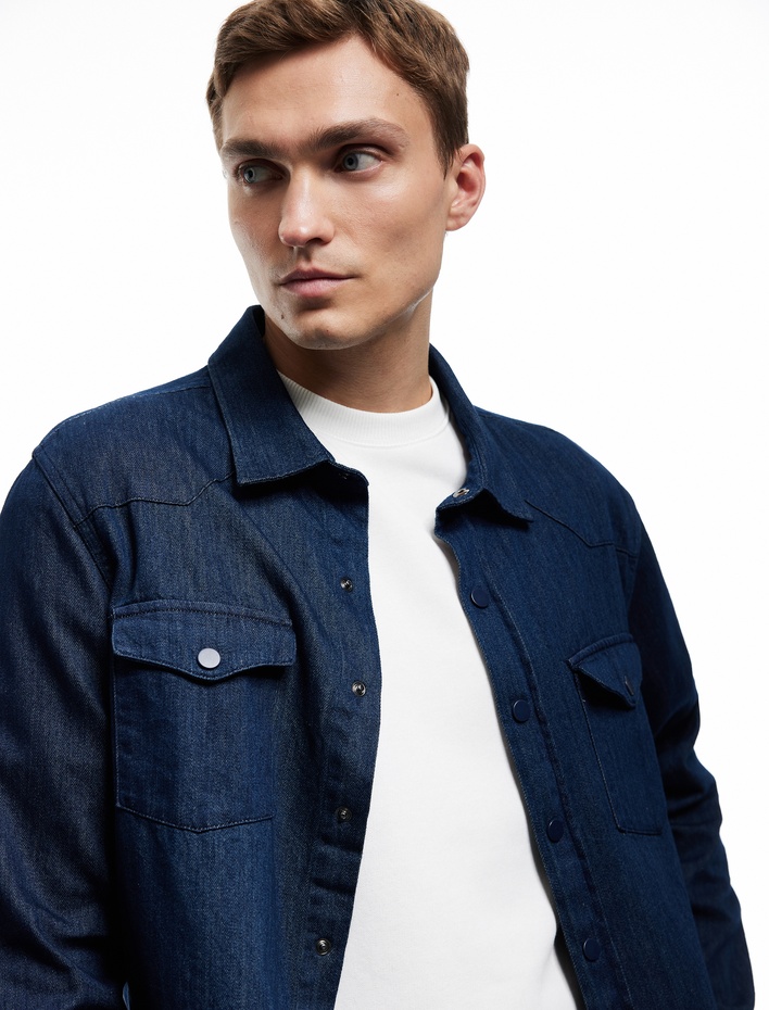  Kapaklı Cepli Dikiş Detaylı Klasik Yaka Jean Gömlek Ceket