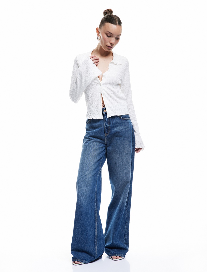   Bürümcük Kumaş Klasik Yaka Slim Fit Düğmeli İspanyol Uzun Kollu Tişört