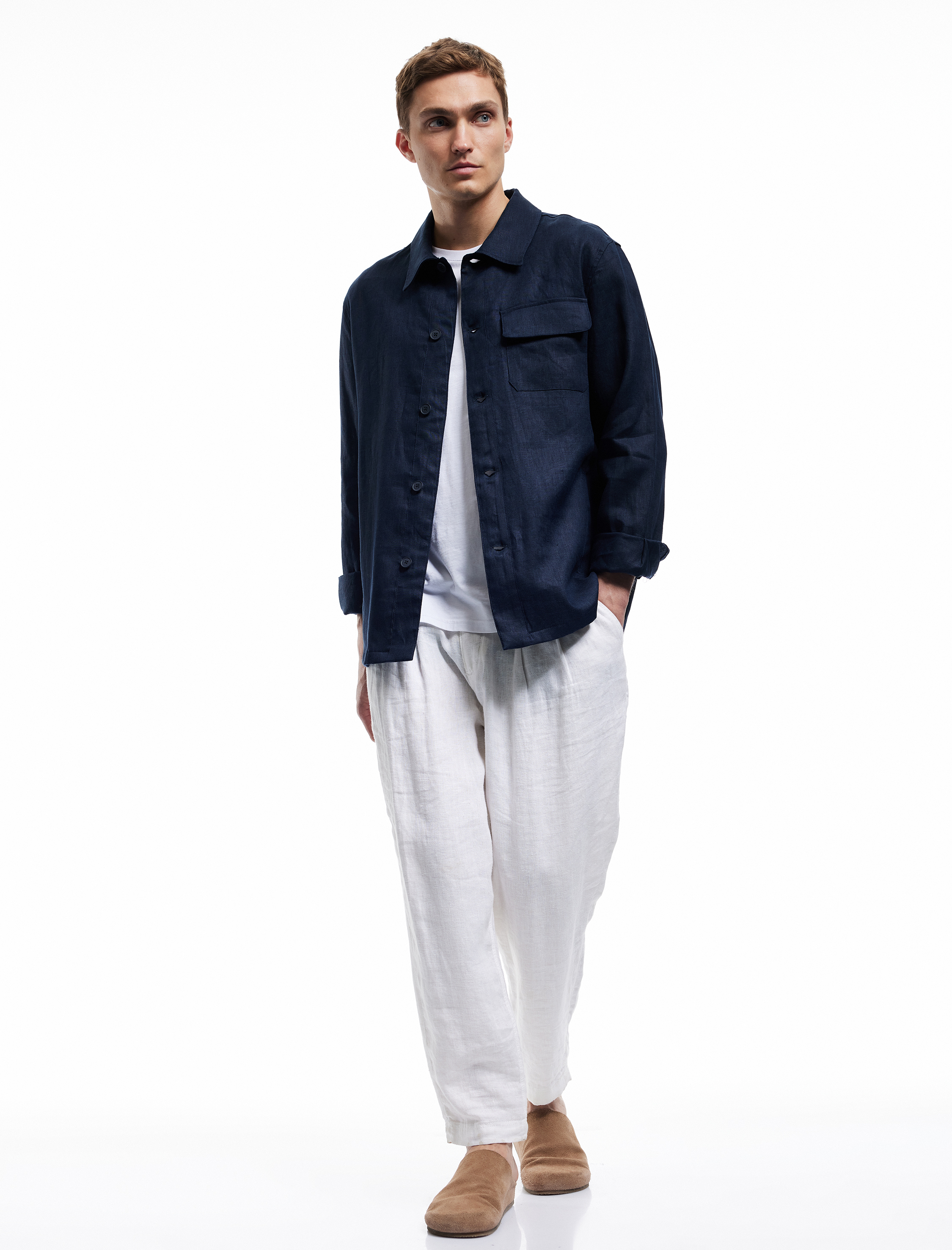   Uzun Kollu Kapaklı Cep Detaylı Düğmeli Keten Gömlek Ceket