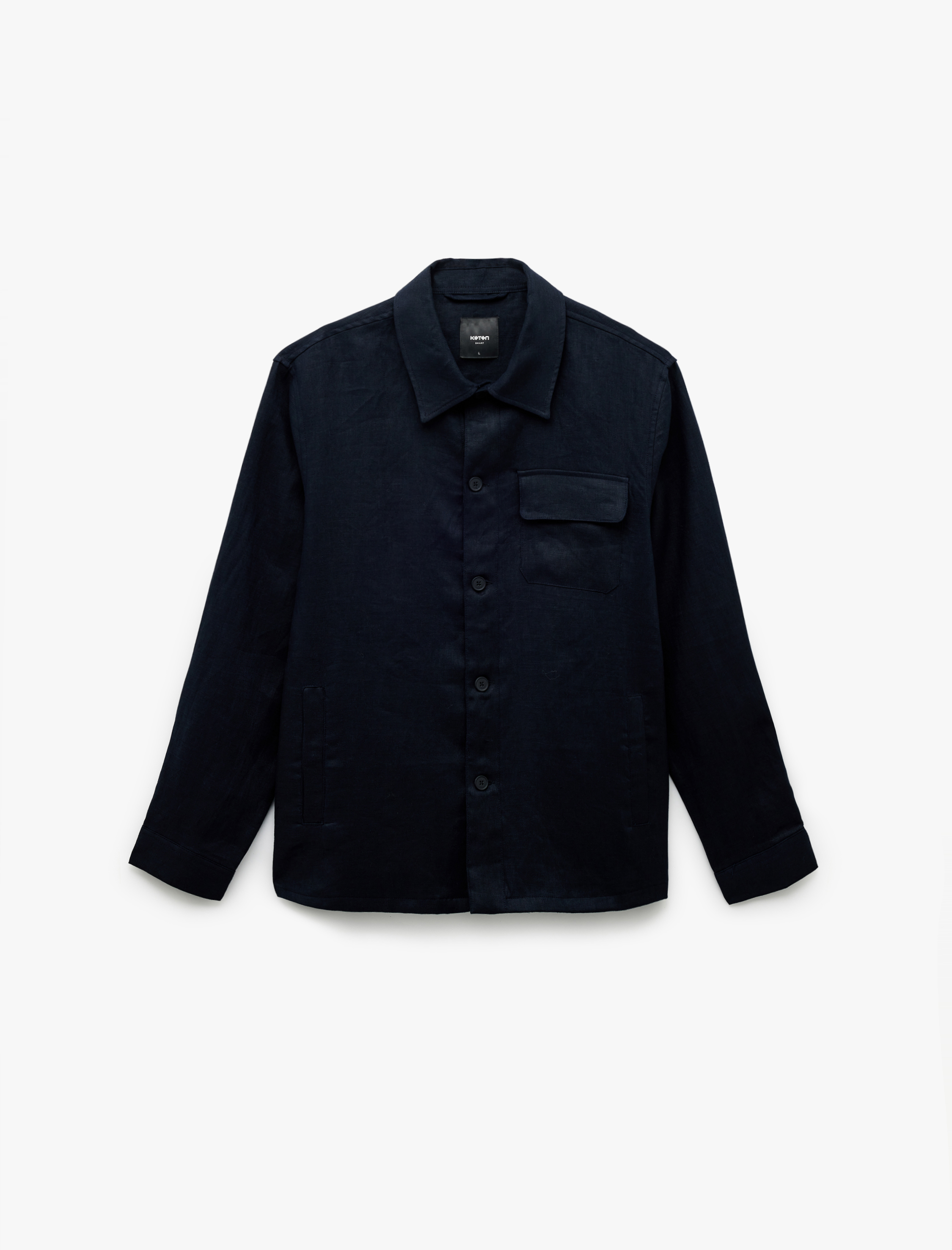   Uzun Kollu Kapaklı Cep Detaylı Düğmeli Keten Gömlek Ceket