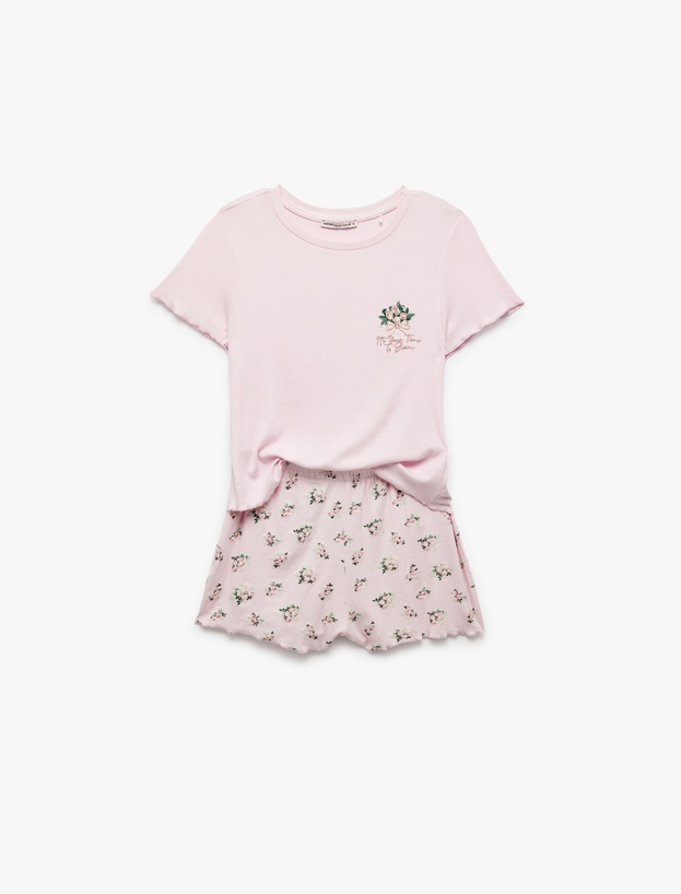 Viskon Kumaş Bisiklet Yaka Kısa Kollu Çiçekli Şortlu Pijama Takımı_3