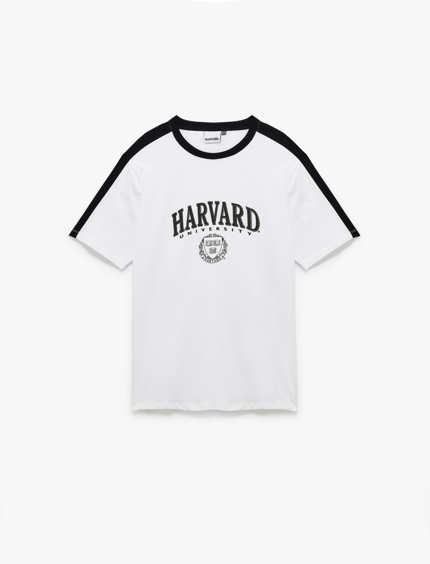   Kısa Kollu Pamuklu Regular Fit Şerit Detaylı Bisiklet Yaka Baskılı Lisanslı Harvard Tişört