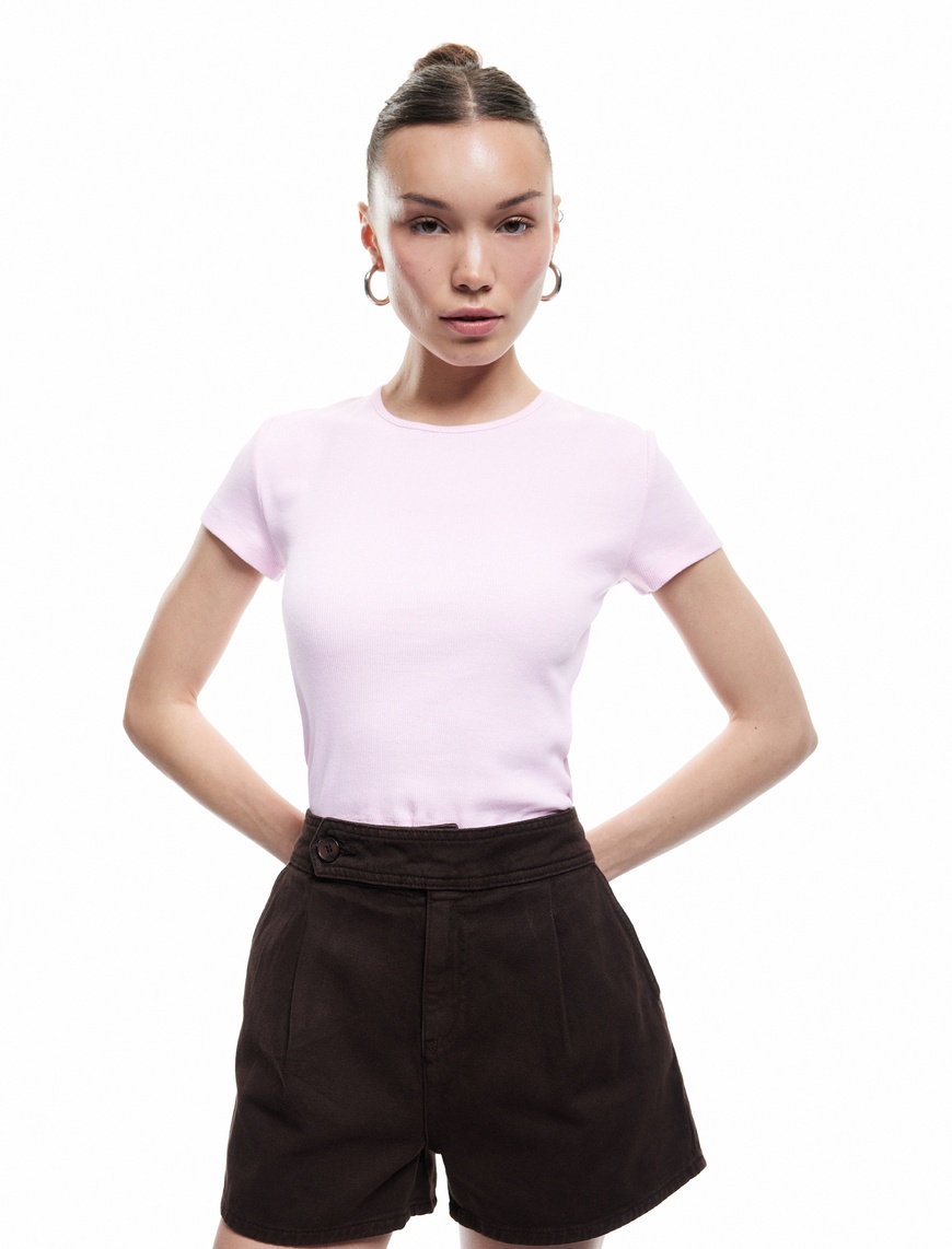   Crop Bisiklet Yaka Kısa Kollu Slim Fit Basic Kadın Tişört