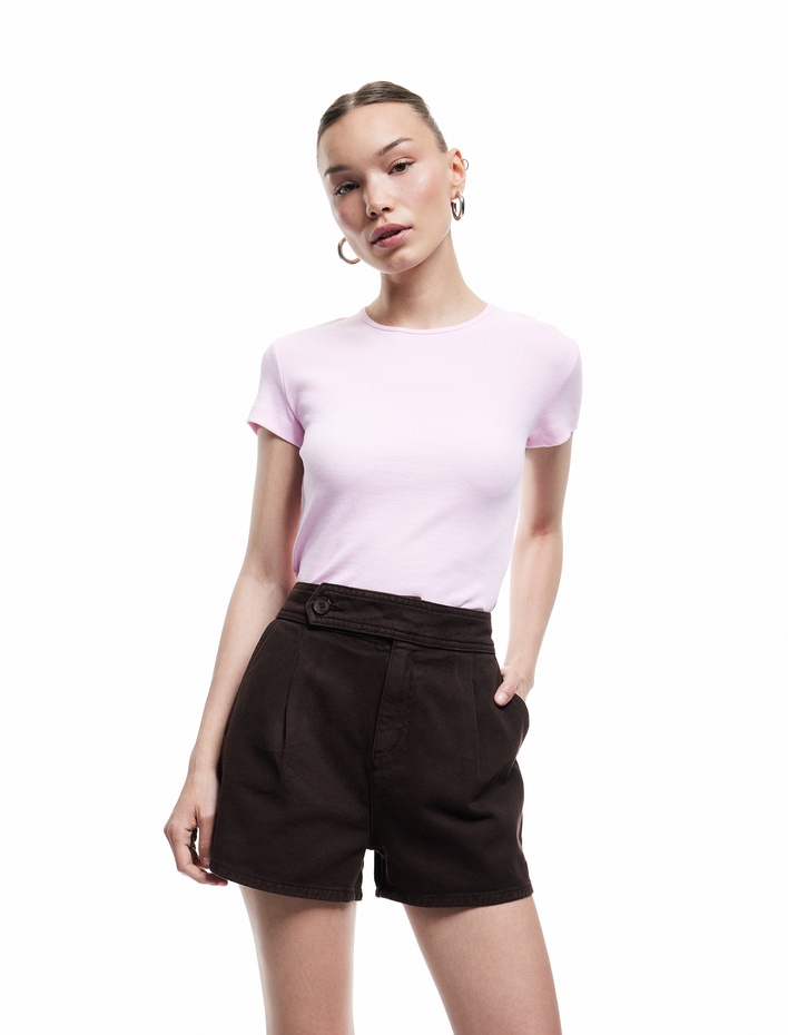  Crop Bisiklet Yaka Kısa Kollu Slim Fit Basic Kadın Tişört