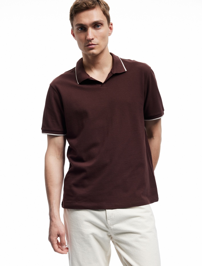  Kontrast Detaylı Pamuklu Pike Kumaş Kısa Kollu Slim Fit Polo Yaka Tişört