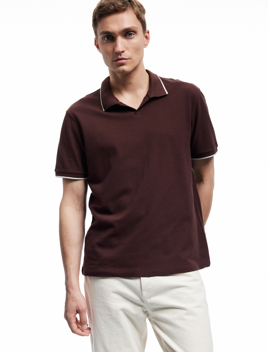   Kontrast Detaylı Pamuklu Pike Kumaş Kısa Kollu Slim Fit Polo Yaka Tişört