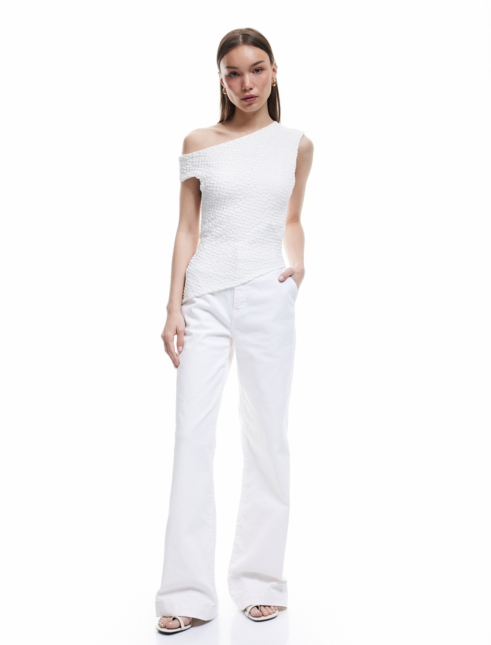  Asimetrik Bürümcük Slim Fit Tek Omuz Bluz