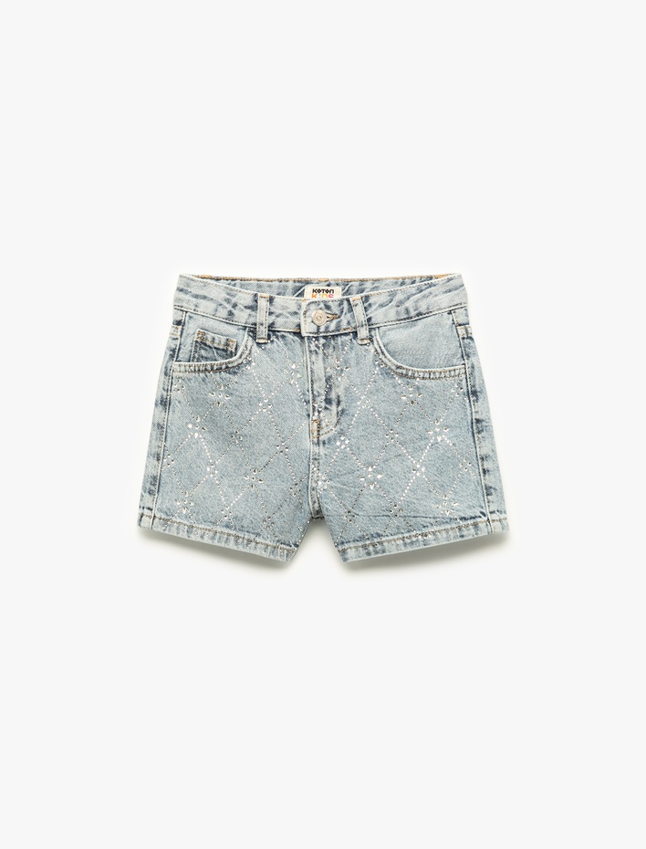 Kız Çocuk Pamuklu Slim Fit Taş Detaylı Denim Şort