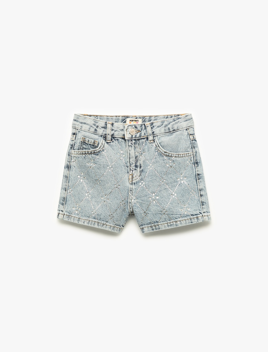  Kız Çocuk Pamuklu Slim Fit Taş Detaylı Denim Şort