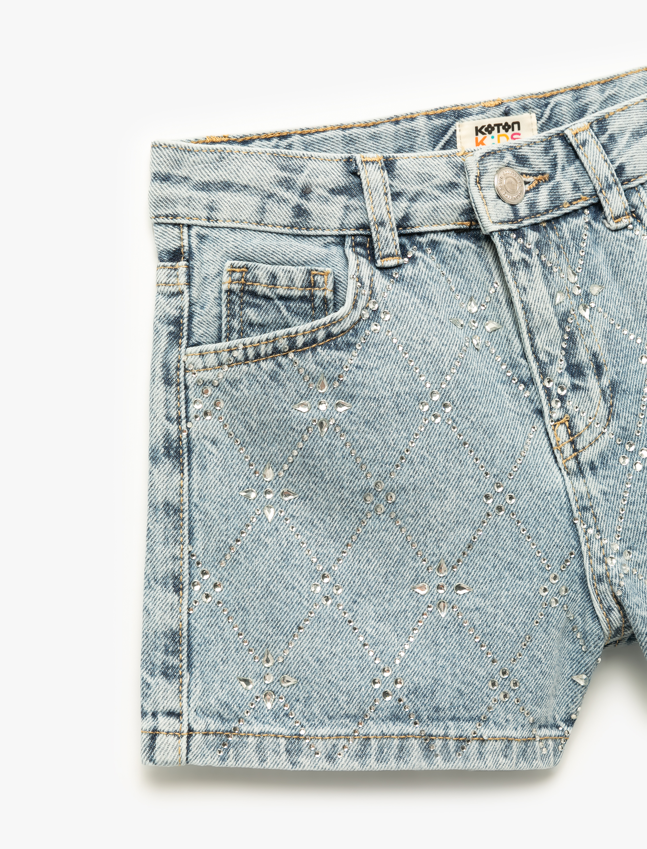 Kız Çocuk Pamuklu Slim Fit Taş Detaylı Denim Şort
