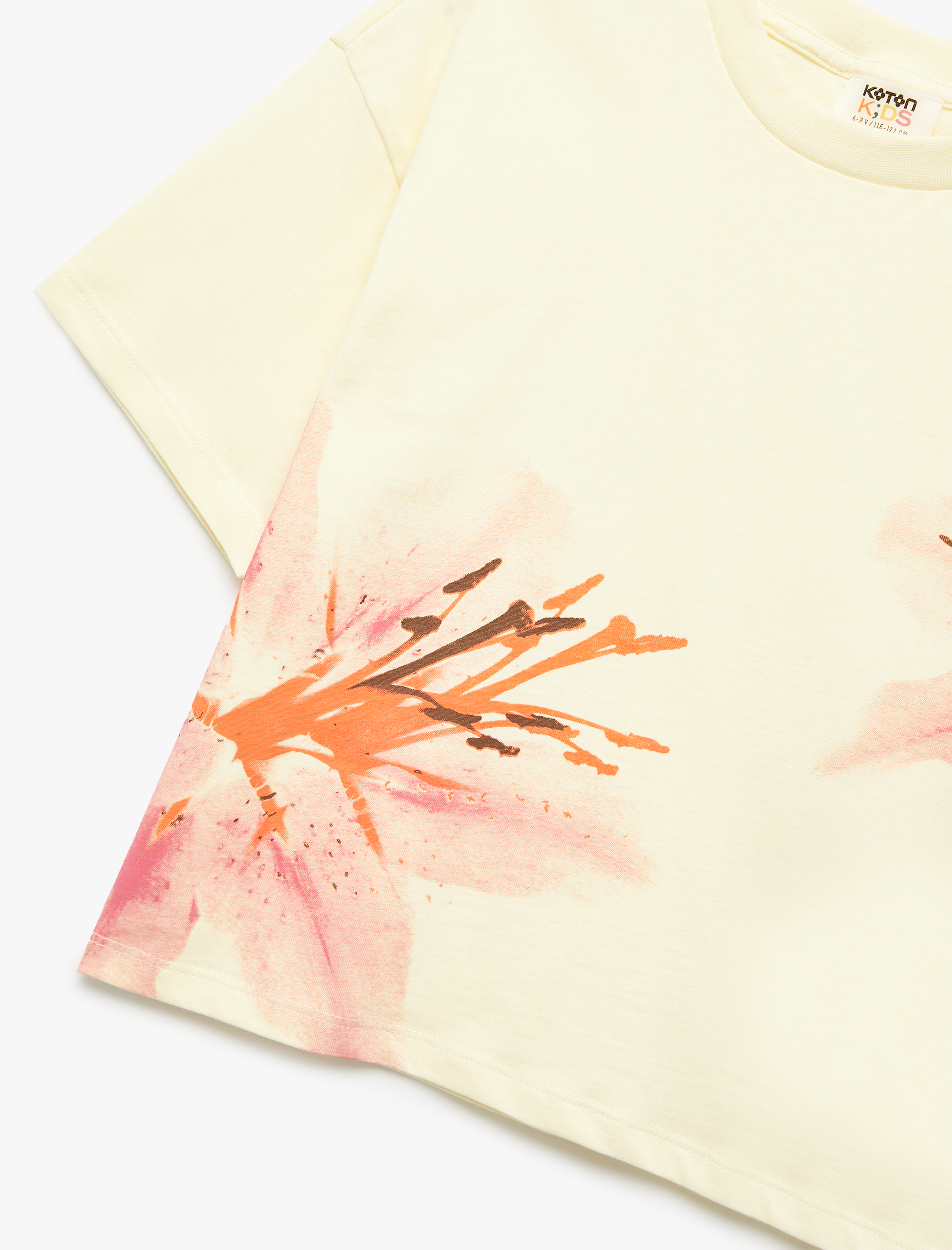  Kız Çocuk Çiçek Baskılı Kısa Kollu Bisiklet Yaka Pamuklu Tişört