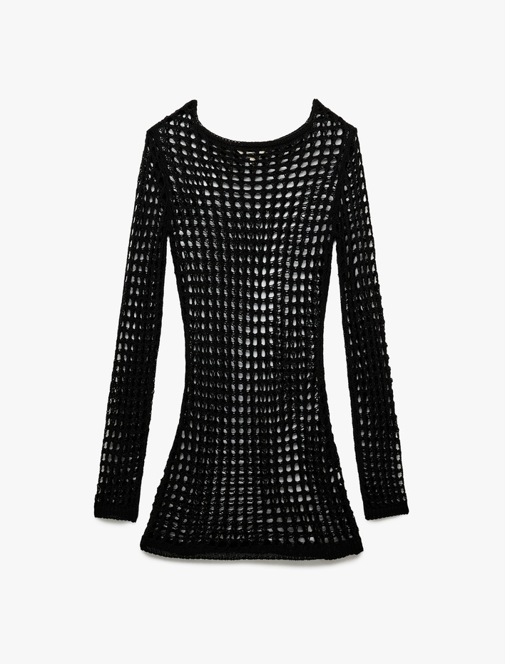  Slim Fit Uzun Kollu Bisiklet Yaka Mini Kroşe File Plaj Elbisesi