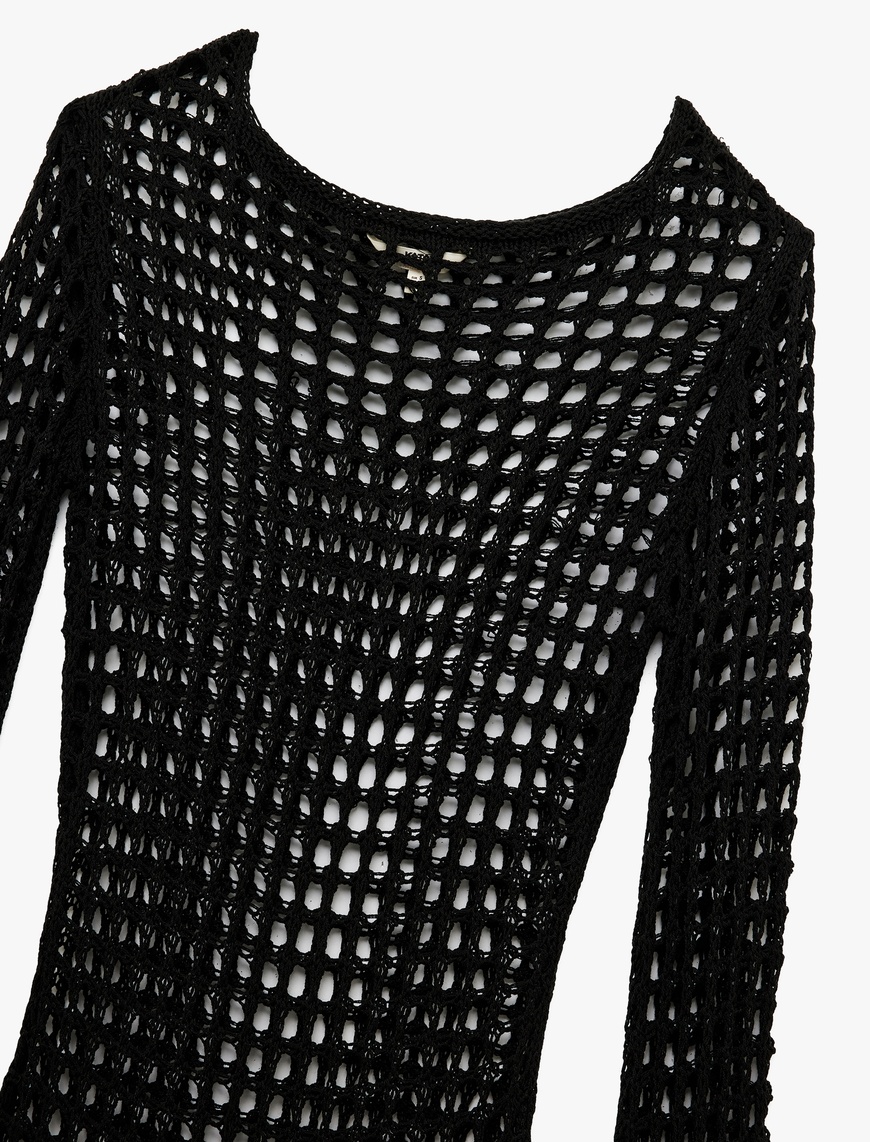   Slim Fit Uzun Kollu Bisiklet Yaka Mini Kroşe File Plaj Elbisesi