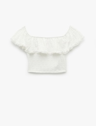 Kolsuz Astarlı Slim Fit Fistolu Brodeli Fırfırlı Omzu Açık Crop Bluz