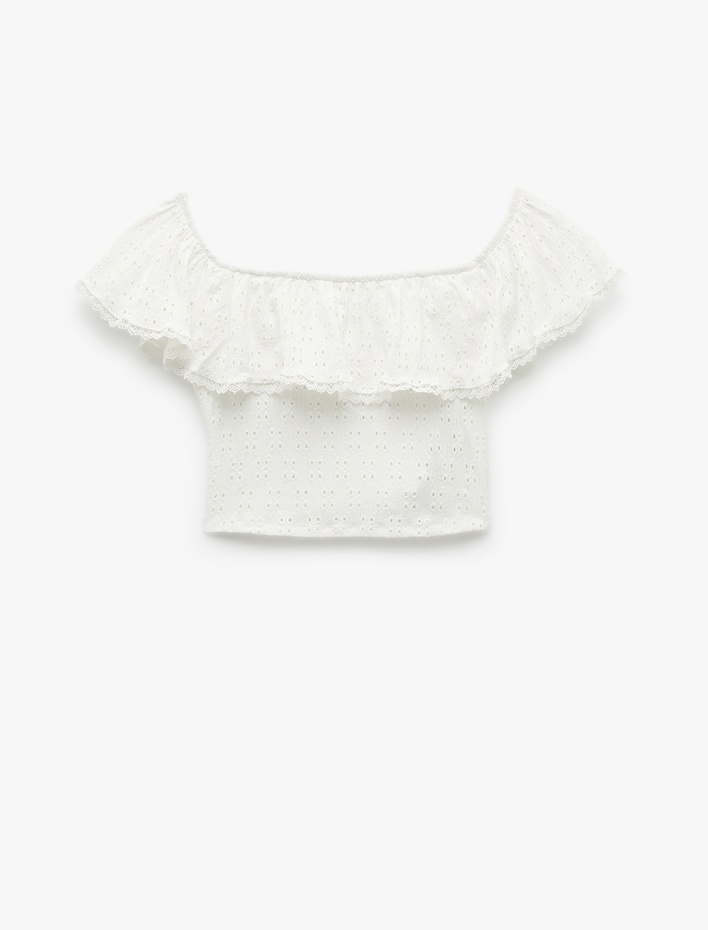  Kolsuz Astarlı Slim Fit Fistolu Brodeli Fırfırlı Omzu Açık Crop Bluz