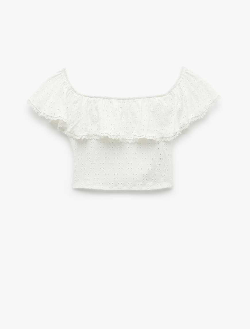   Kolsuz Astarlı Slim Fit Fistolu Brodeli Fırfırlı Omzu Açık Crop Bluz