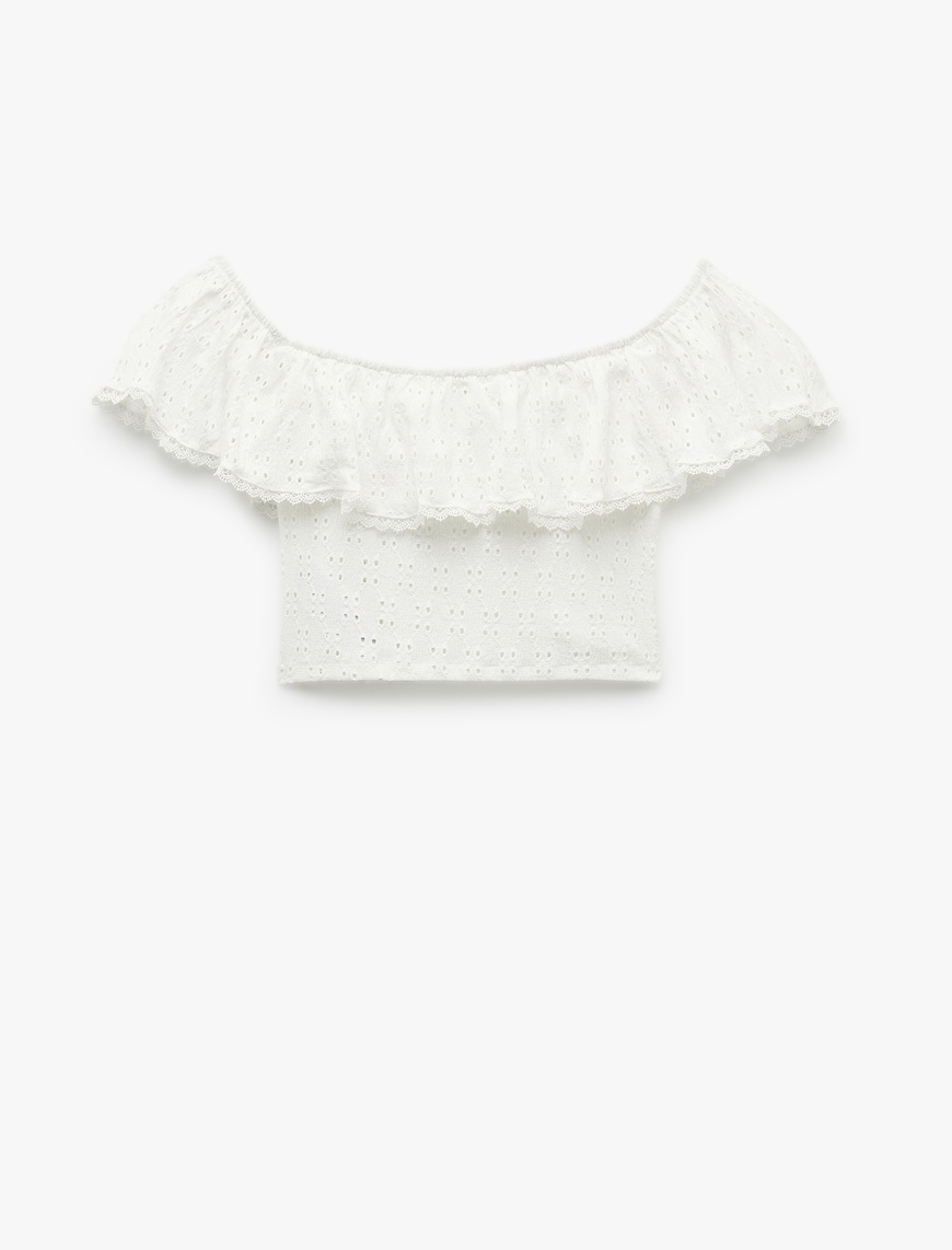  Kolsuz Astarlı Slim Fit Fistolu Brodeli Fırfırlı Omzu Açık Crop Bluz