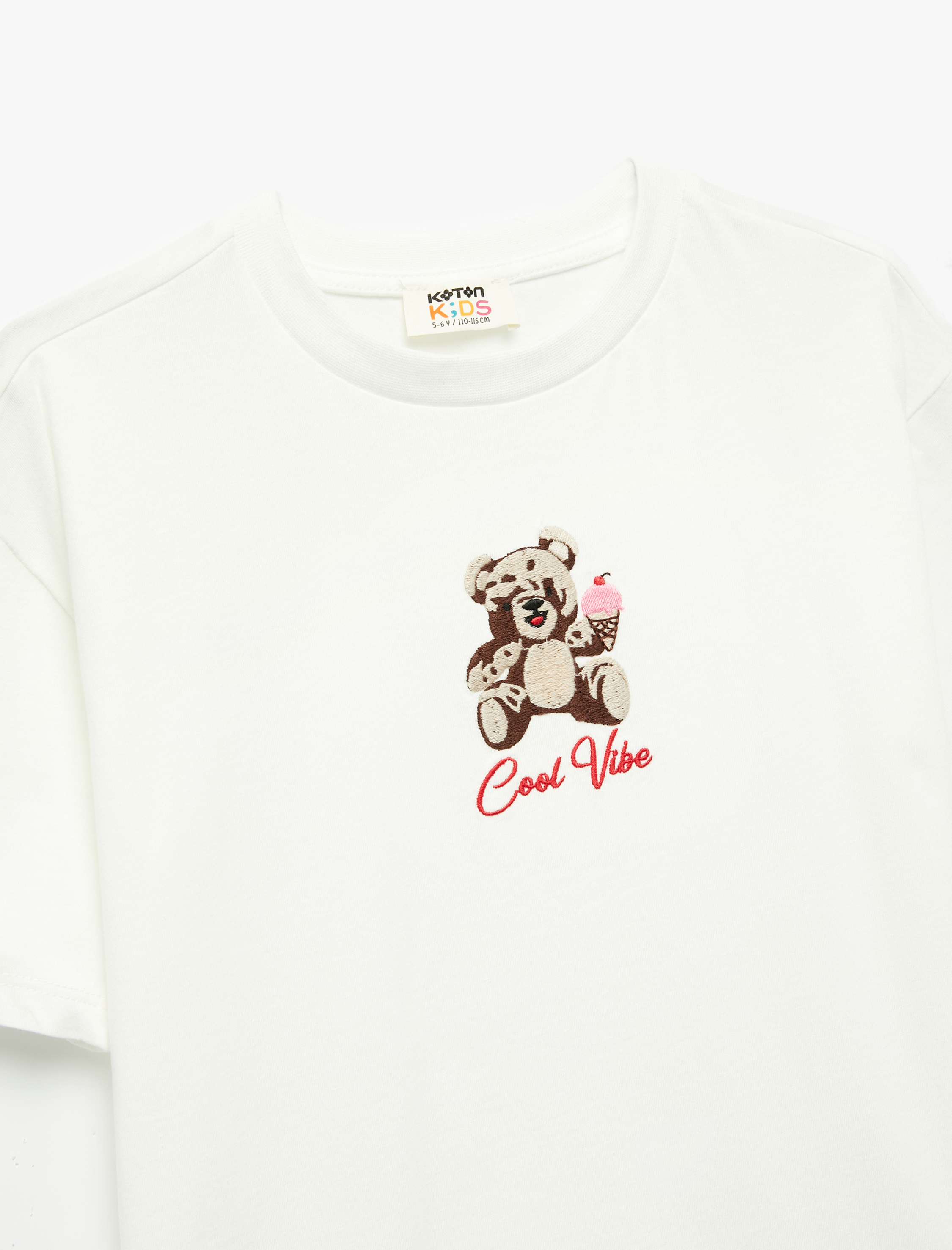  Kız Çocuk Pamuklu Ayıcık İşlemeli Kısa Kollu Bisiklet Yaka Tişört
