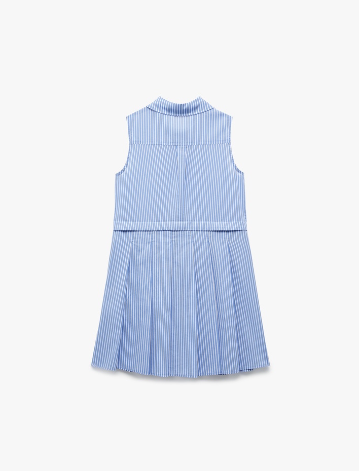 Kız Çocuk Pamuklu Kolsuz Düğme Detaylı Gömlek Yaka Çizgili Elbise