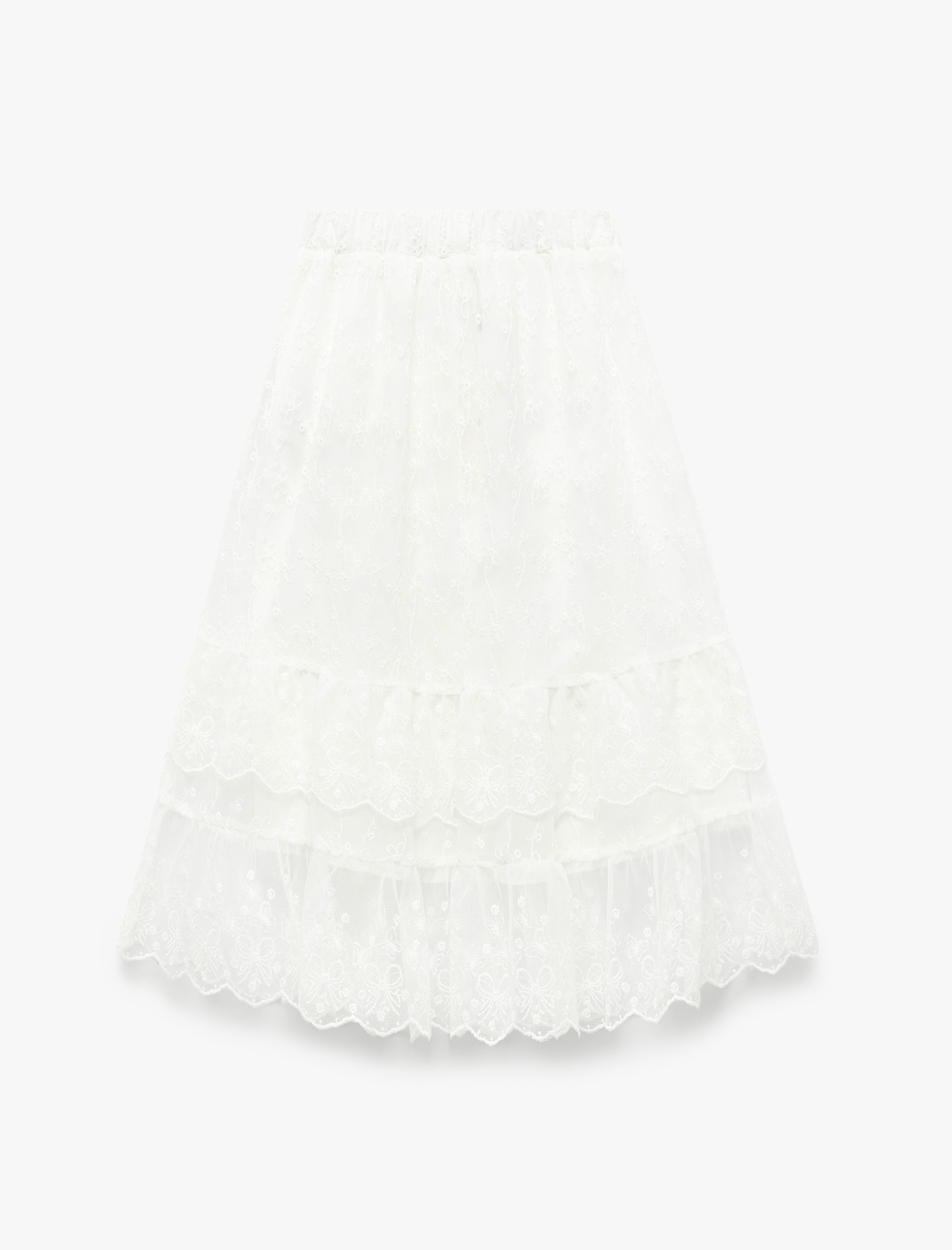  Kız Çocuk Beli Lastikli Kat Detaylı Pamuk Astarlı Midi Tül Etek