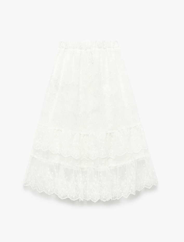 Kız Çocuk Beli Lastikli Kat Detaylı Pamuk Astarlı Midi Tül Etek