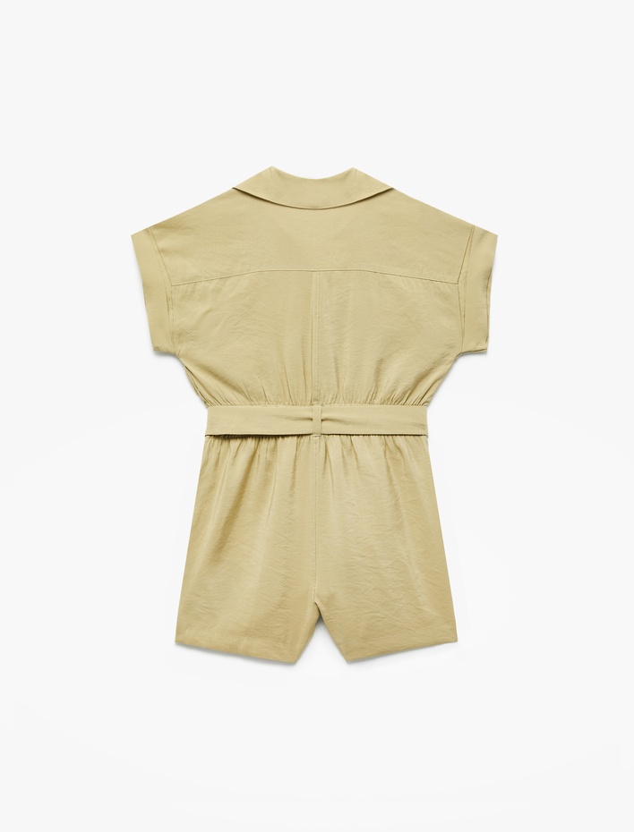 Kız Çocuk Kısa Kollu Gömlek Yaka Cepli Kemerli Modal Kısa Tulum