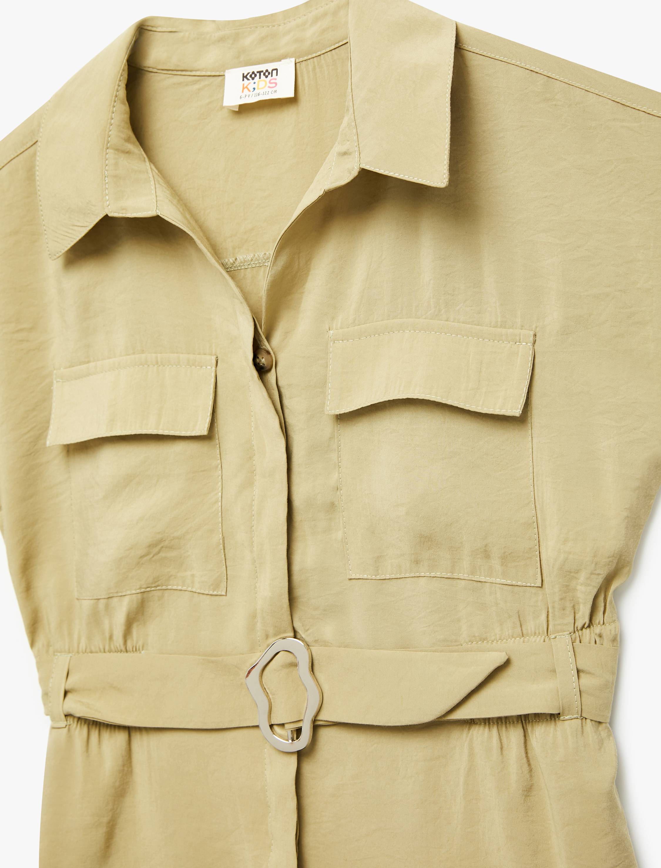  Kız Çocuk Kısa Kollu Gömlek Yaka Cepli Kemerli Modal Kısa Tulum