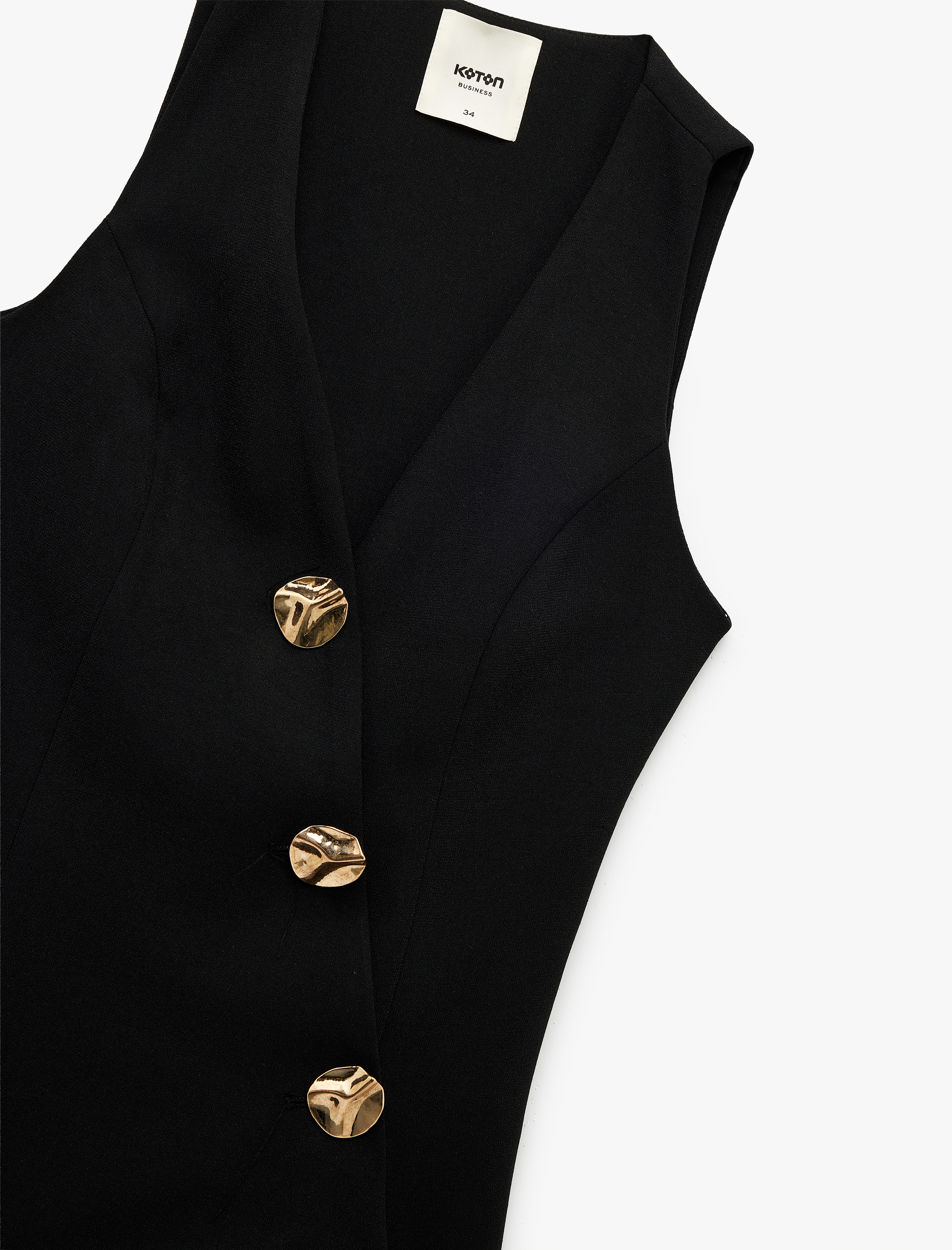   Regular Fit Kolsuz Gold Düğme Detaylı V Yaka Asimetrik Kesim Yelek