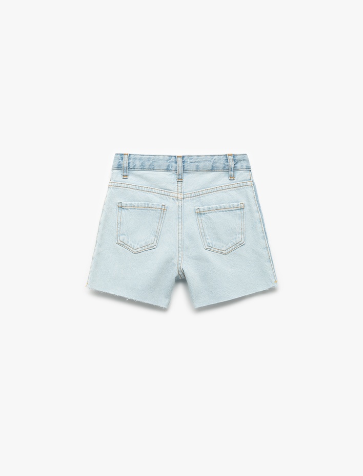 Kız Çocuk Saçaklı Paçalı Cepli Denim Mini Şort