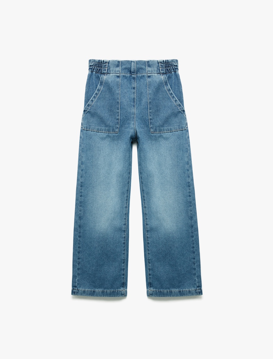  Kız Çocuk Pamuklu Beli Lastikli Geniş Paça Jean Pantolon