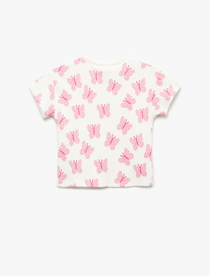 Kız Bebek Kelebek Baskılı Kısa Kollu Bisiklet Yaka Pamuklu Tişört