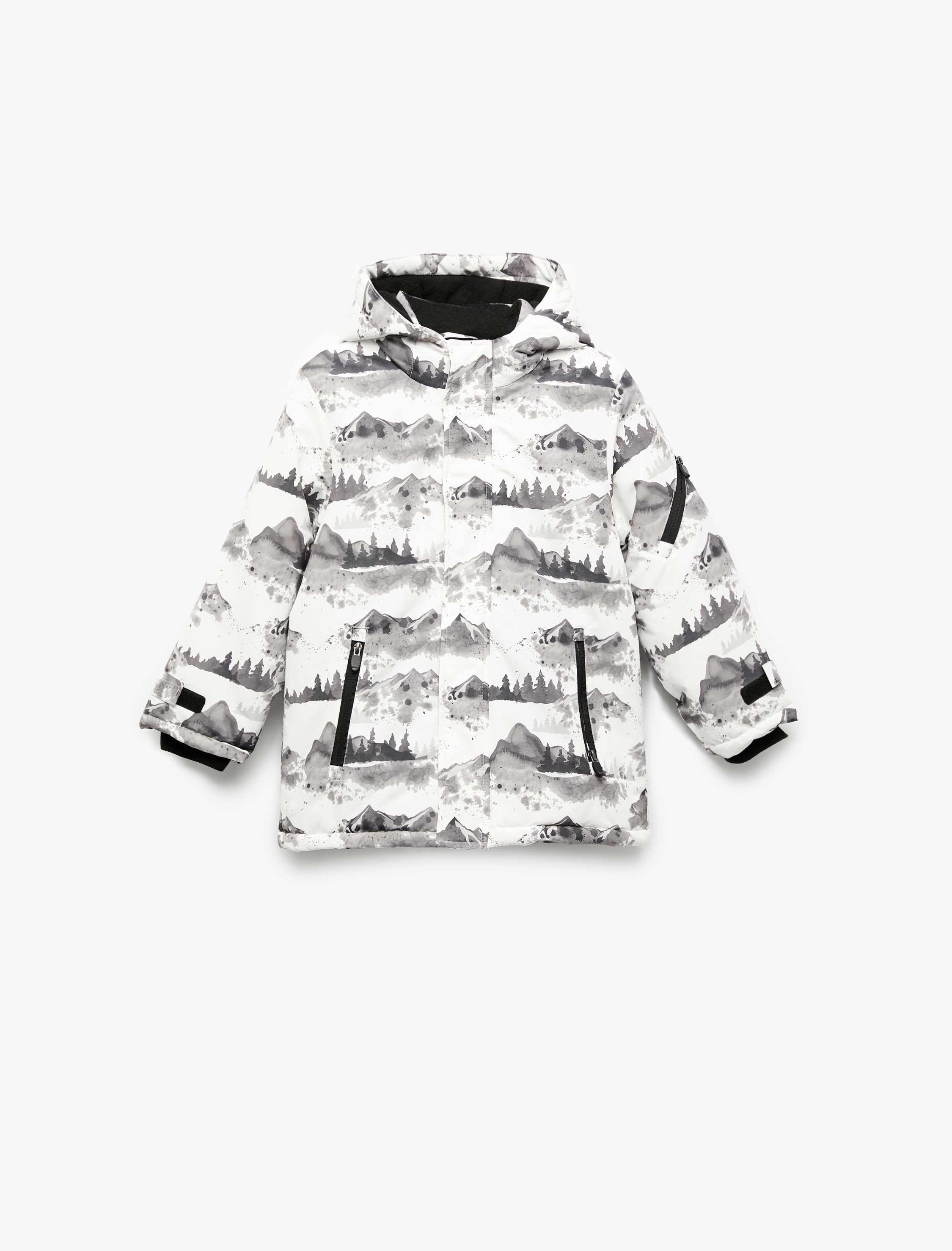  Erkek Çocuk Polar Astarlı Desenli Uzun Kollu Kapşonlu Mont