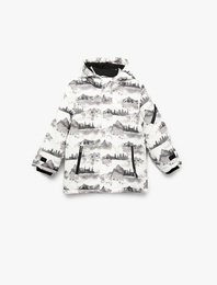Polar Astarlı Desenli Uzun Kollu Kapşonlu Mont