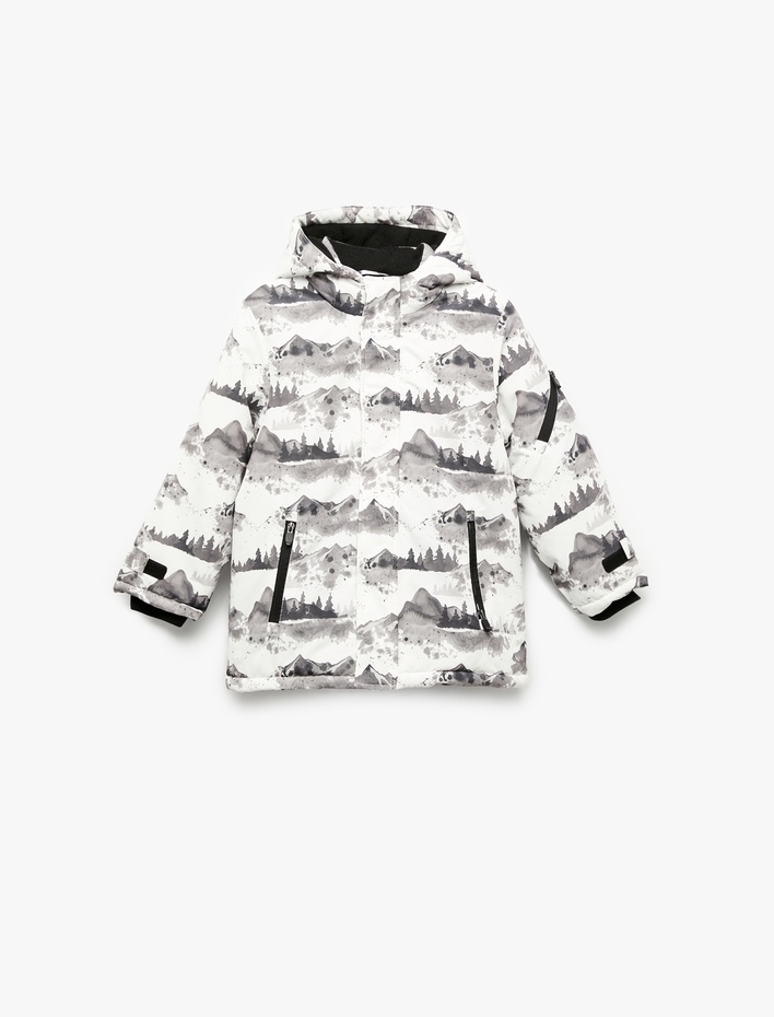 Erkek Çocuk Polar Astarlı Desenli Uzun Kollu Kapşonlu Mont