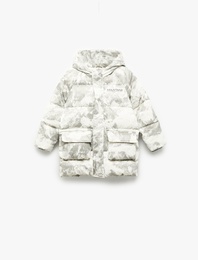 Kapşonlu Uzun Kollu Desenli Cepli Oversize Mont