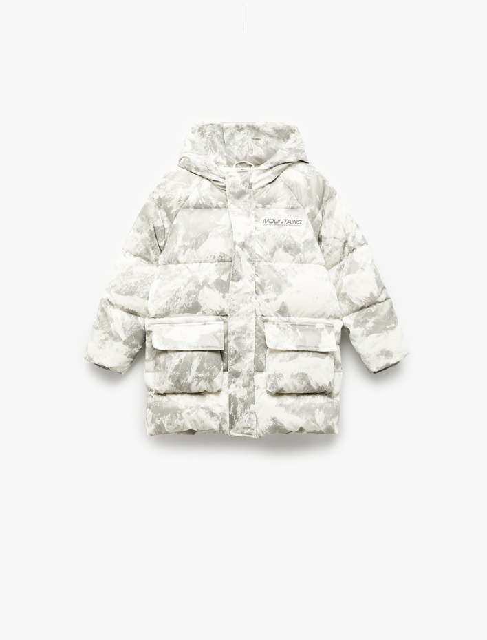 Erkek Çocuk Kapşonlu Uzun Kollu Desenli Cepli Oversize Mont