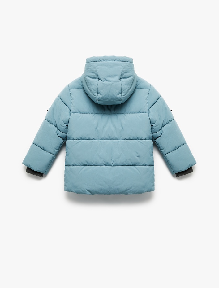 Erkek Bebek Uzun Kollu Cepli İçi Suni Kürklü Kapşonlu Şişme Mont