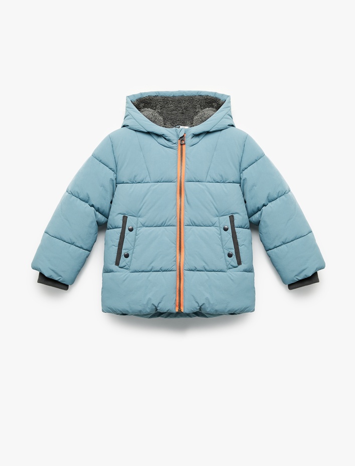 Erkek Bebek Uzun Kollu Cepli İçi Suni Kürklü Kapşonlu Şişme Mont