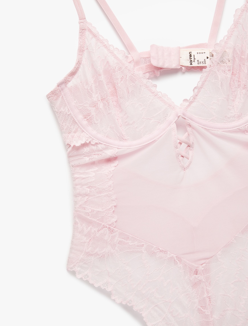   Transparan Balenli Dantelli Tül Bodysuit