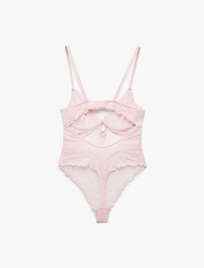  Transparan Balenli Dantelli Tül Bodysuit