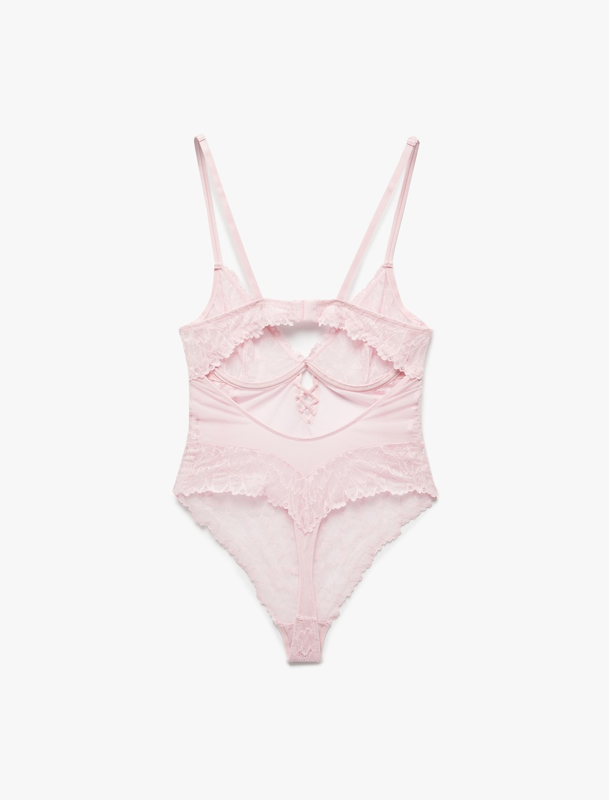   Transparan Balenli Dantelli Tül Bodysuit