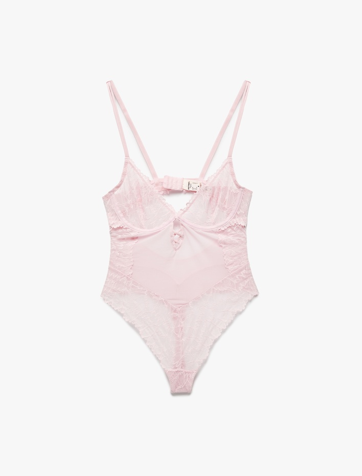  Transparan Balenli Dantelli Tül Bodysuit