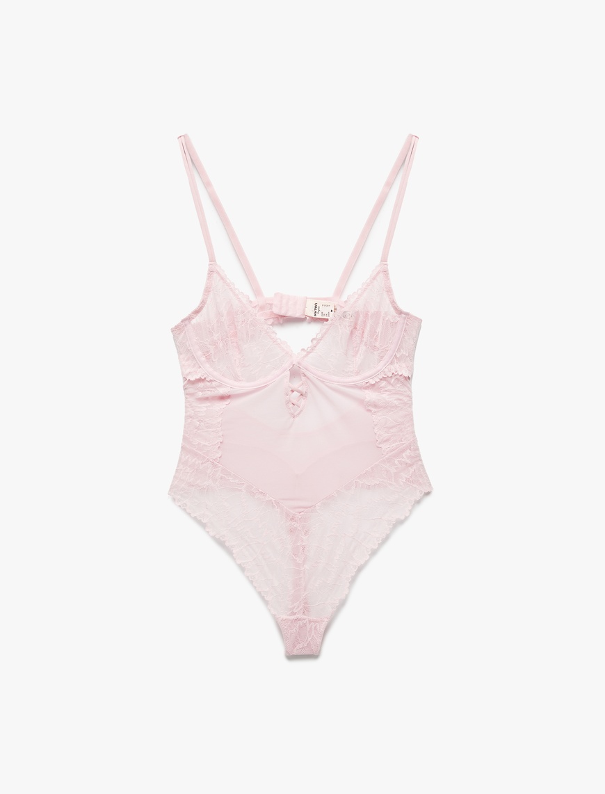   Transparan Balenli Dantelli Tül Bodysuit